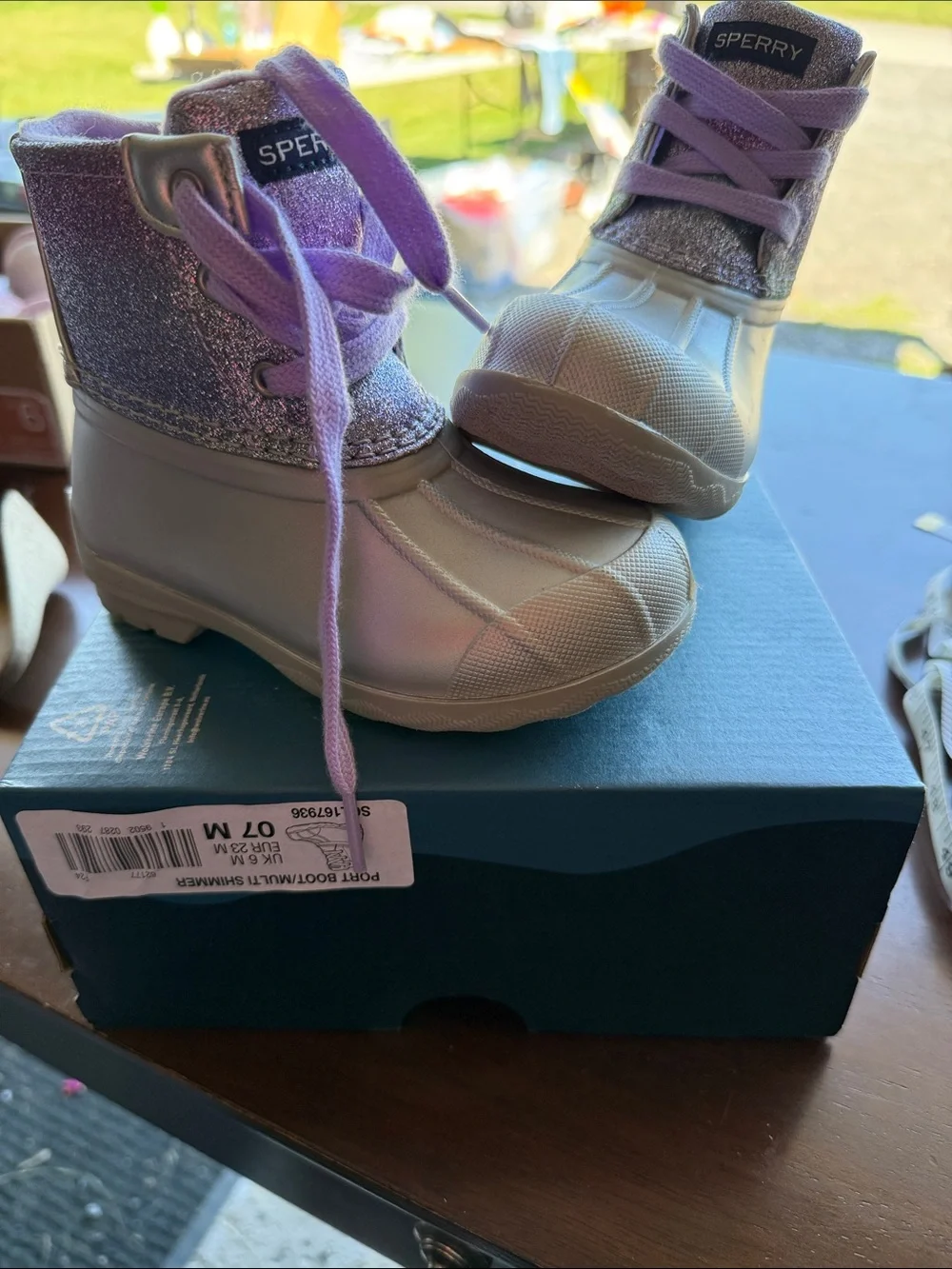 Sperry Kids Silver Duck Boots with Purple Glitter Upper